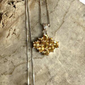 Sterling Silver 925 Prong Set Multi Gemstone Citrine Cluster Pendant Necklace